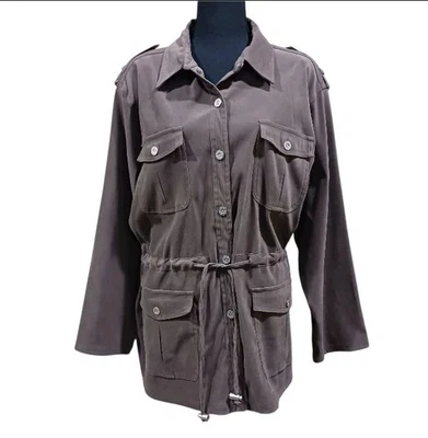 Denim & Co Safari Utility Jacket Drawstring Waist 1X Dark Taupe - Image 1 of 4