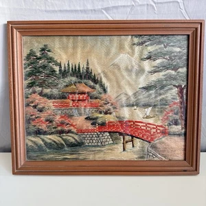 Vintage Japanese Mt Fuji silk embroidered framed landscape painting 18x15 cherry - Picture 1 of 24