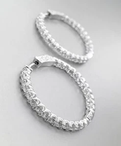 EXQUISITE 18kt White Gold Plated Outside Inside CZ Crystals 1" Hoop Earrings 304 - Picture 1 of 8