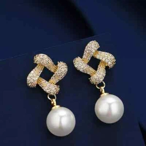 3.2Ct Round Cut Natural Pearl Flower Drop Dangle Earrings 14K Yellow Gold Plated - Picture 1 of 8