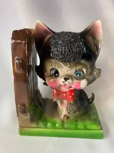 Vintage Arnart Brown Kitty Cat Sugar Glaze Bookend Figurine Fence Red Bow - Picture 1 of 6