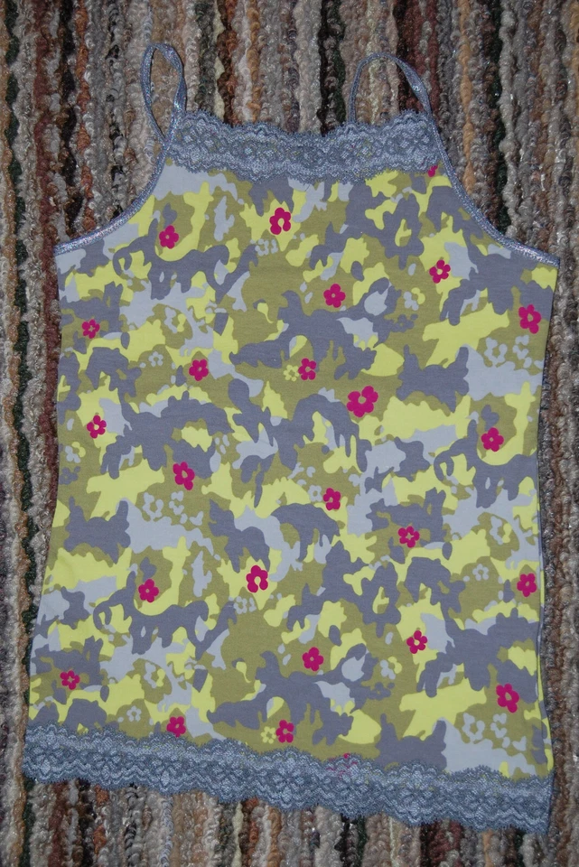 Girls Cami Tank Top GRAY YELLOW ABSTRACT CAMO Pink Flowers LACE TRIM Size M 7-8 - Image 1 of 1