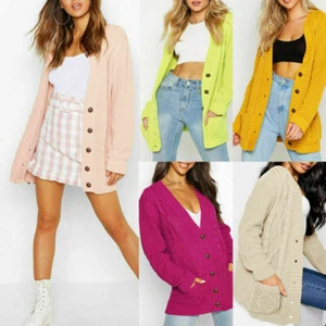 Womens Ladies Chunky Cable Knit Cardigan Button Long Sleeves Grandad  Plus Sizes - Picture 1 of 13