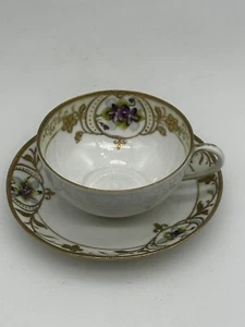 Handbemalte Nippon Teetasse Gold Lila Blumen Antik Tasse & Untertasse - Bild 1 von 10