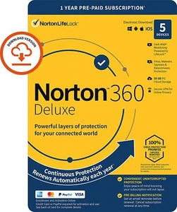 NORTON 360 DELUXE SECURITY 2025 ANTIVIRUS 5 DEVICES 1 YEAR + VPN EMAIL EU & UK - Afbeelding 1 van 9