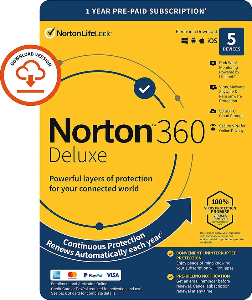 NORTON 360 DELUXE SECURITY 2025 ANTIVIRUS 5 DISPOSITIVOS 1 AÑO + CORREO ELECTRÓNICO VPN UE y Reino Unido