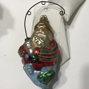 Large Hand Blown Fisherman Glass Ornament Santa Claus Fish Rod Reel Christmas - Picture 1 of 9