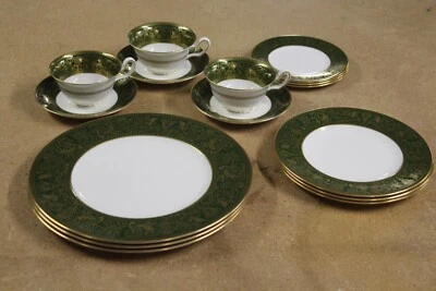 15 peças Wedgwood Bone China Inglaterra verde escuro florentino W4170 3 configurações de lugar - Imagem 1 de 4