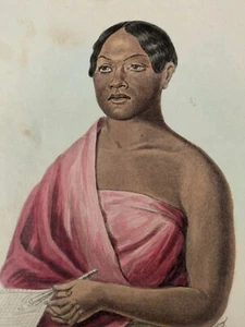 Woman of the Samoan Islands 1848 Antique Engraving Print Bailliere Hand Colored - Picture 1 of 5