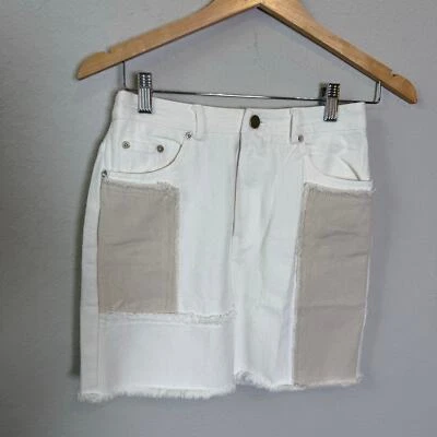 Paper Moon Women's White and Tan Patch Denim Mini Skirt Size S NEW - Image 1 of 4
