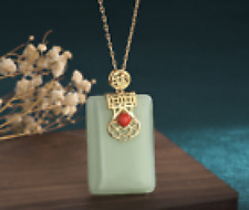 Jade Ethnic Pendant Necklace Charm 18K Gold Plated Chain Retro Dainty Gemstone