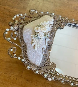 VINTAGE ANTIK VIKTORIANISCH EDWARDIANISCH BLUMENBAND PERLE SCHMINKSPIEGEL TABLETT - Bild 1 von 12