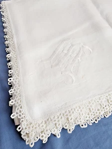 Bestickte cremefarbene Leinentischdecke mit Häkelspitze Kanten 102" x 68" - Bild 1 von 4