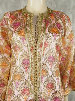 Vintage 60s 70s Metallic Lurex Pink Gold Orange Caftan Moroccan Maxi Dress S - Image 1 of 4