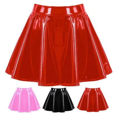 Retro Style Glossy Patent Leather Pleated A Line Skirt for Women Dance Cosplay - Image 1 of 4