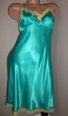 Vtg Green Neon Lace Satin Babydoll Slip L 38 - Image 1 of 4