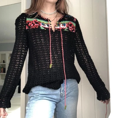 Suéter Free People Mujer Boho Crochet Lana Transparente Floral Multicolor Mediano Playa Foto 1 de 4