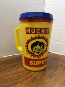 Taza de viaje de parada rápida Huck's Super Quart Aladdin amarilla y roja con tapa de colección - Imagen 1 de 11