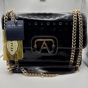 ARCADIA PATENT LEATHER PIOMBO SHOULDER/CROSSBODY CHAIN STRAP BAG MADE ITALY NWT - Picture 1 of 6