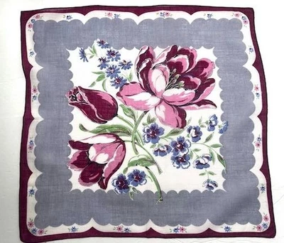 VINTAGE 1940s HANKY BEAUTIFUL FLORAL PRINT GRAY & BURGUNDY TULIPS LOVELY - Image 1 of 4