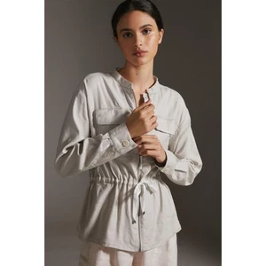 Anthropologie Maeve Women's Medium Aviator Jacket Beige Cinched Waist Linen NEW - Picture 1 of 13