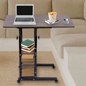 Brown C-Shaped Side Table Adjustable with 4 Wheels Height Adjustable C Table - Picture 1 of 17