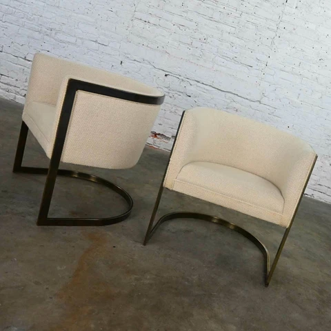 Metropolitan Furn Modern White & Antique Brass Plate Tub Chairs by Jules Heumann Cover