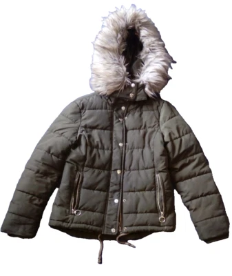 Jaqueta feminina acolchoada oliva com capuz e pele destacáveis Topshop tamanho 6  - Imagem 1 de 4