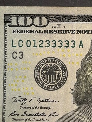 Fancy $100 4 Digit Ladder Ascending# LC0123333A  Five of  Kind In A Row - Image 1 of 4