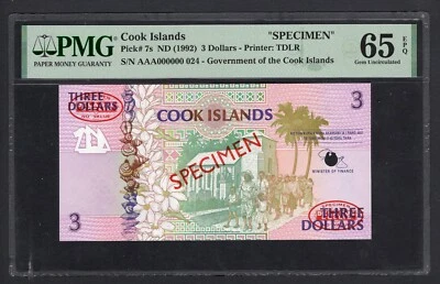 Cook Islands 3 Dollars ND(1992) P7s "Specimen" Uncirculated Grade 65 - Image 1 of 2