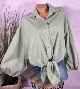 NEU BLUSE Ballonärmel Perlmuttknöpfe Knotendetail Italy SALBEI 38 40 42 - Bild 1 von 6