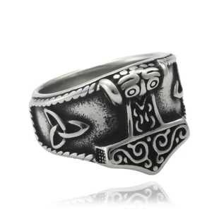 Men Biker Vintage Stainless Steel Norse Thor's Hammer Mjolnir Viking Band Ring - Picture 1 of 10