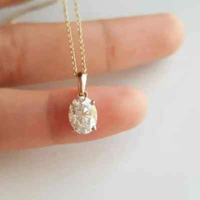 Oval Cut 1Ct Lab Grown Diamond Solitaire Pendant Gift For Her 10k Gold 18" Chain - Image 1 of 4
