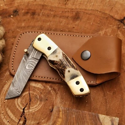 Custom Handmade Damascus Folding Knife With Stag Handle& Leather Cover - Image 1 of 4