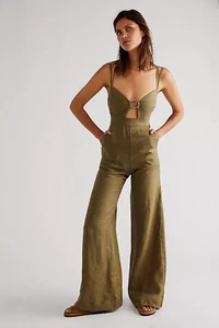 NWT FREE PEOPLE X RUMER Sz XS BYRON RING JUMPSUIT WIDE LEG LINEN COMBAT GREEN - Picture 1 of 8