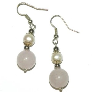 E412 hellrosa malaiische Jade & weiße Perle silber Fischhaken hängende Ohrringe 1 Stück - Bild 1 von 2