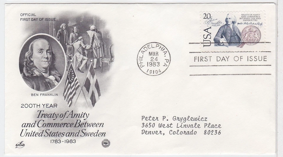 TurtlesTradingPost- Treaty USA & Sweden- 1983 #2036 - Artcraft Variety FDC - Image 1 of 1