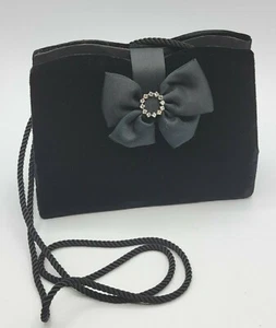 Black Velvet Evening Bag Satin Bow Rhinestone snap Closure rope shoulder strap - Picture 1 of 8
