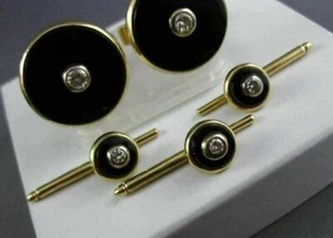 JUEGO DE GEMELOS Y CAMISA CIRCULARES AMARILLOS 14K DIAMANTES Y ÓNIX GRANDES DE 0,75 QUILATES - Imagen 1 de 12