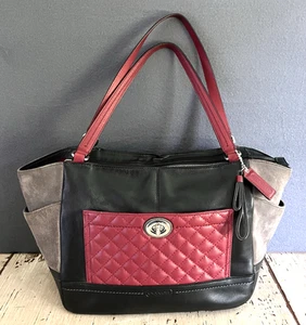 Coach Carrie Park Colorblock Gray Burgundy Quilted Suede Leather Tote F24693 - Picture 1 of 22