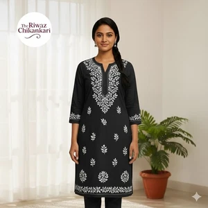 Schwarzer Chikankari Kurti für Frauen | Handarbeit Baumwolle Lucknowi bestickt Kurta - Bild 1 von 6