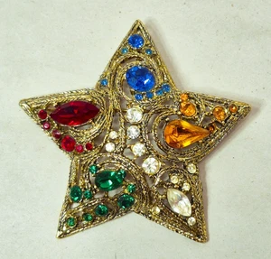 Vintage La Roco Star Brooch Pin Colorful Jewel Tone Rhinestones 2.5" - Picture 1 of 11
