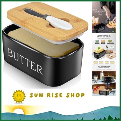 Large Black Ceramic Butter Dish with Sealing Lid & Integrated Knife - 6x4 inches - Image 1 of 4