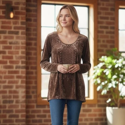 Tribal Jeans NEW Embroidered Velvet Top Womens Small Hazelwood Brown Velour  - Image 1 of 4