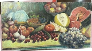 Old Big OIL Hand PAINTING Ukrainian Still Life /Vegetables & Fruits/ Signed 1961 - Picture 1 of 3