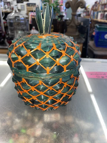 Pineapple Shaped Basket Jar, Vintage Woven Bamboo Canister w/ Lid Green & Orange Cover