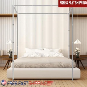 Queen Size Metal Canopy Bed Frame Sturdy Stainless Steel Elegant Bedroom Decor - Picture 1 of 10