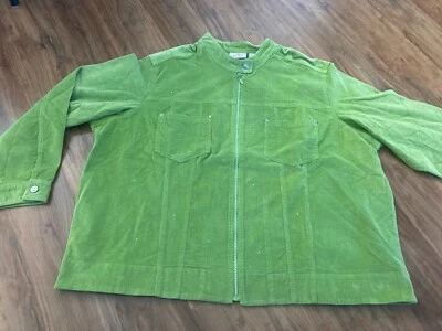 -BRAND NEW- Green Corduroy QUACKER FACTORY Jacket Rhinestone Zipper Stretch - Image 1 of 4