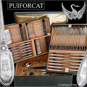 Puiforcat Set di posate argento sterling francese 92 pz, impero, cigno, scatola - Foto 1 di 12