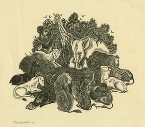 Original Master Print-African animals: elephant zebra and monkey-Mauve-ca. 1950 - Picture 1 of 4